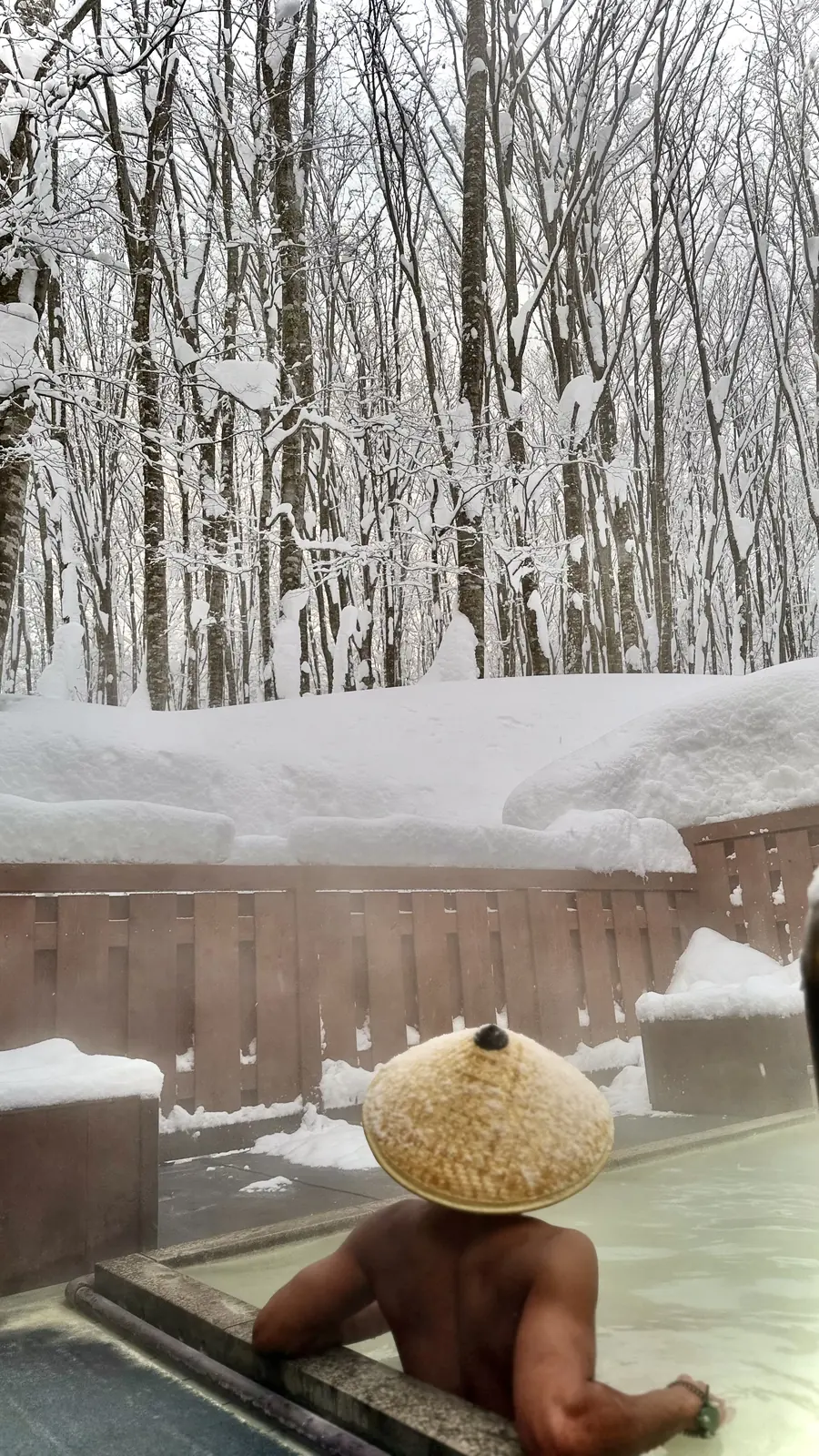 Marc dans un onsen en plein air, sous la neige