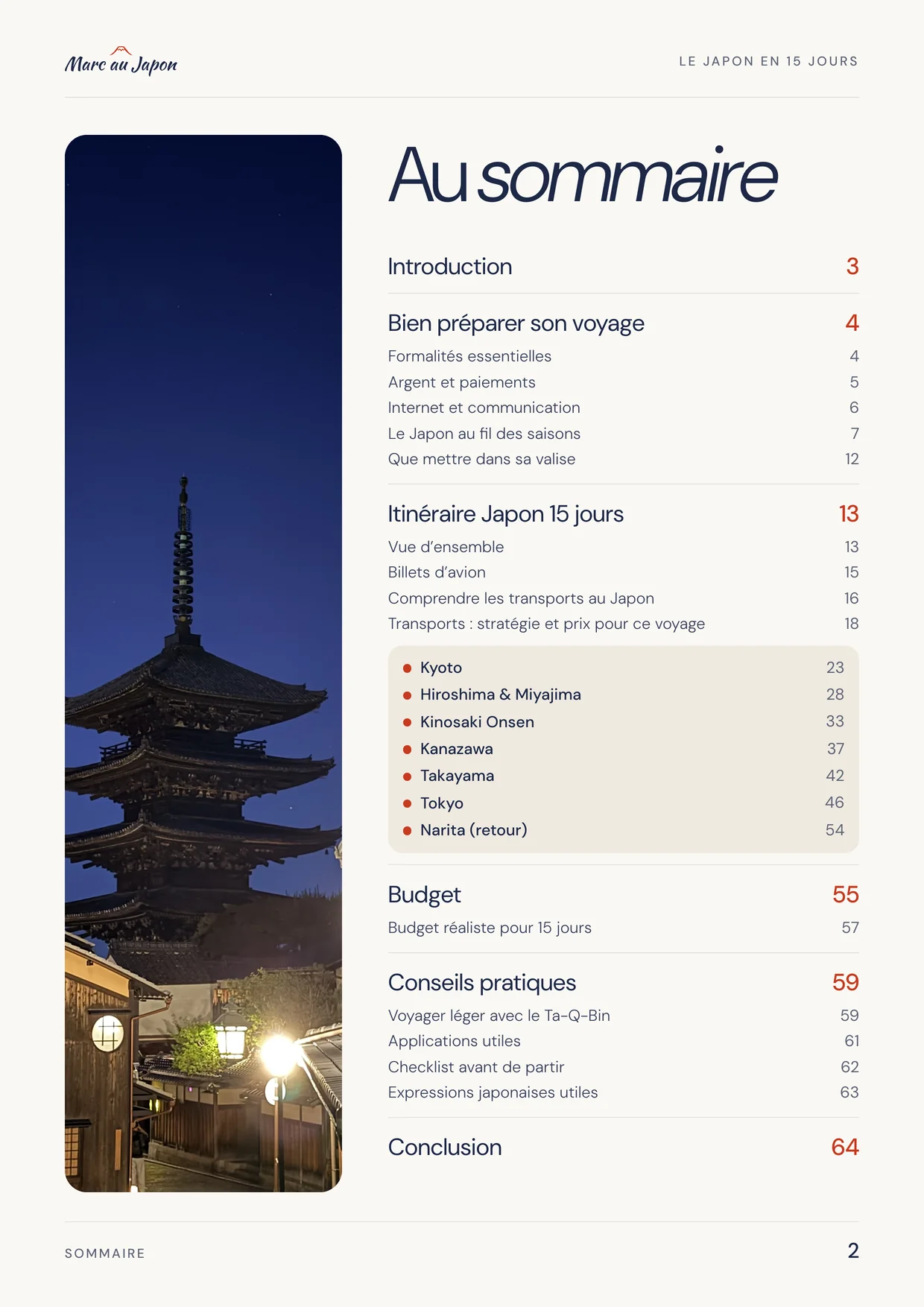 La page « Sommaire » du guide